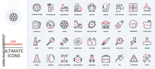 Workshop garage equipment, mechanic tools to repair engine, change tires, road safety sign, and emergency call vector illustration. Trendy red black thin line icons for car maintenance service.