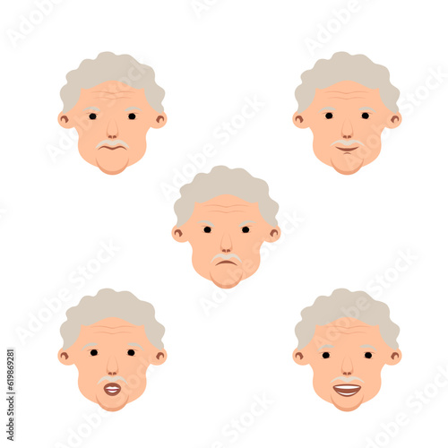 Old man with gray hair and mustache cartoon character avatar with 5 emotions.