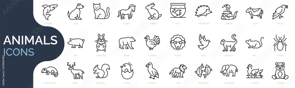 Naklejka premium Set of outline icons related to animals. Linear icon collection. Editable stroke. Vector illustration