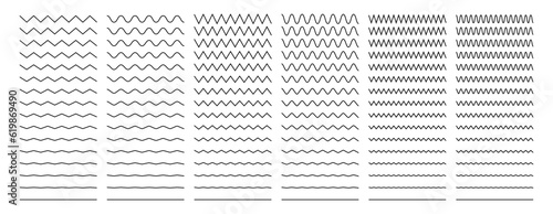 Wavy zigzag lines. Horizontal brush strokes wave undulation distortion, curved line segments geometric decoration. Vector set