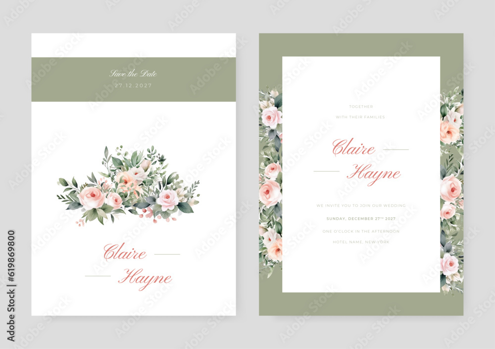 Wedding floral golden invitation card save the date design with green tropical leaf