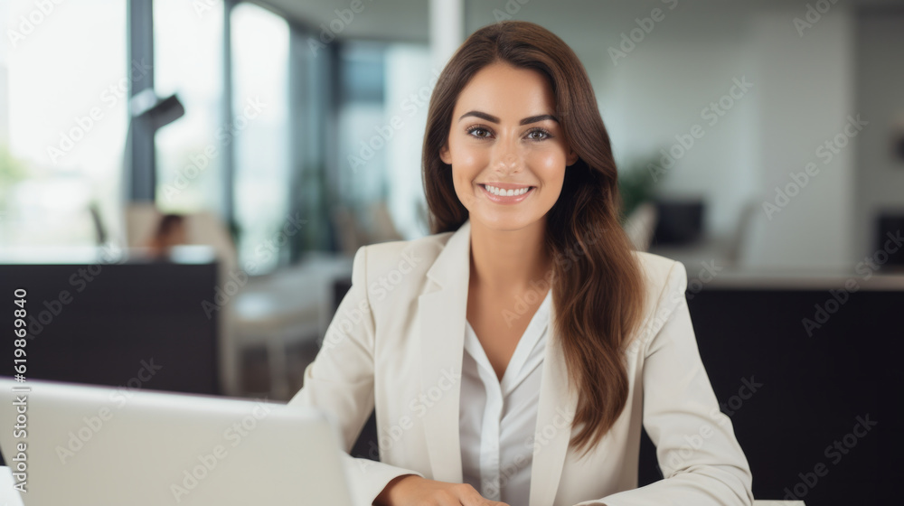 Beautiful happy woman looking at camera while sitting at office Beautiful happy woman looking at camera while sitting at office