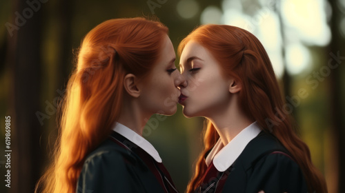 Two redhead students girls are kissing wearing english style uniform