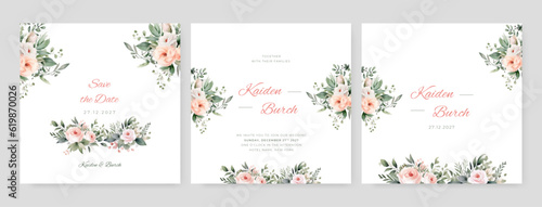 wedding invitation card with greenery watercolor branch leaf and clean frame in minimalist style