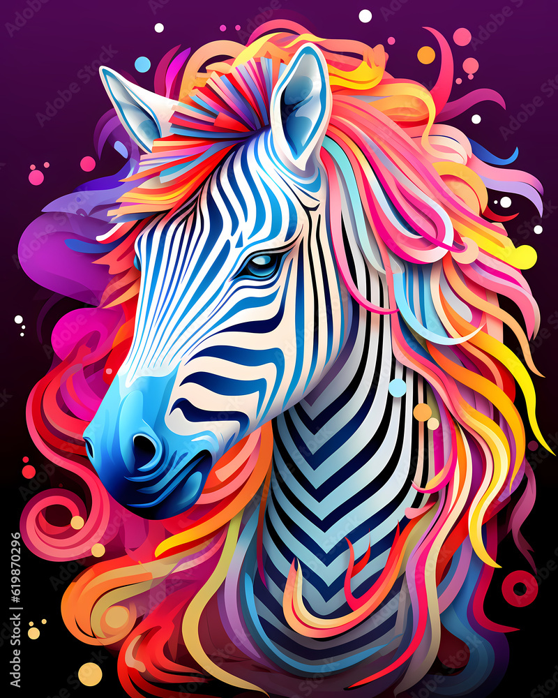 Illustration of a colorful zebra, artistic ornemental design in pop colors - Inspiring animals theme