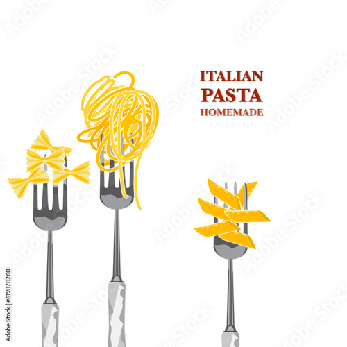 Fork with various pasta Italian food designs with white background illustrations.
