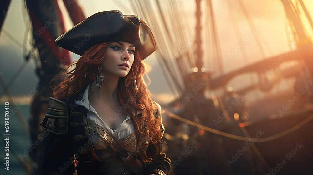 Fototapeta premium brave woman pirate captain of naval fleet, fantasy portrait, Generative Ai