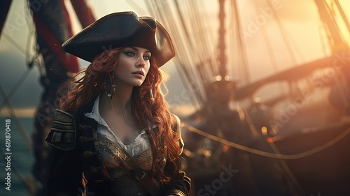 brave woman pirate captain of naval fleet, fantasy portrait, Generative Ai photo