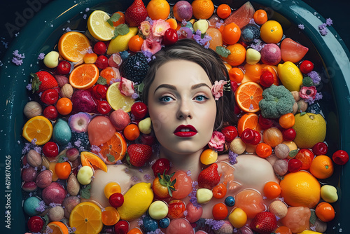 young attractive woman laying in a bath tub full of various coloured fruits. Generative AI