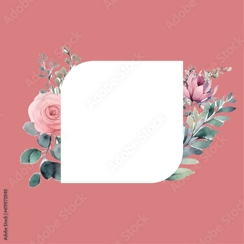 Handpainted watercolor frame template mockup with blooming flowers roses and leaves.