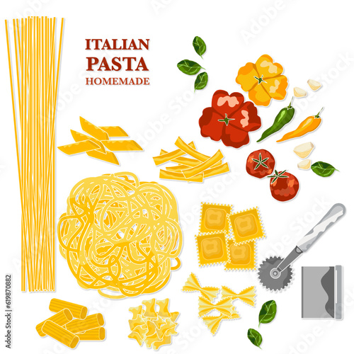 Homemade Italian Pasta Ingredients Spaghetti, ravioli, and vegetable background, food design template. white background vector illustration.