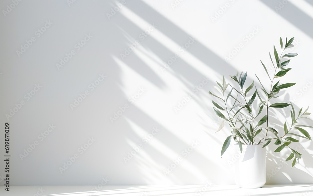 Green plant leaves in white ceramic vase on blurred white wall, sunlight and long shadow, Minimal abstract background for cosmetic, skincare, beauty product presentation display. Green plant leaves in white ceramic vase on blurred white wall, sunlight and long shadow, Minimal abstract background for cosmetic, skincare, beauty product presentation display.