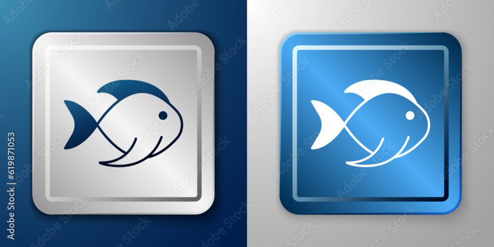 White Fish icon isolated on blue and grey background. Silver and blue square button. Vector White Fish icon isolated on blue and grey background. Silver and blue square button. Vector