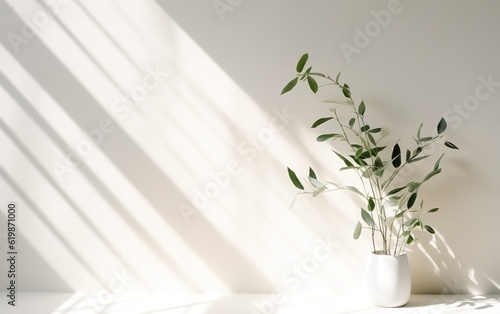 Green plant leaves in white ceramic vase on blurred white wall, sunlight and long shadow, Minimal abstract background for cosmetic, skincare, beauty product presentation display.