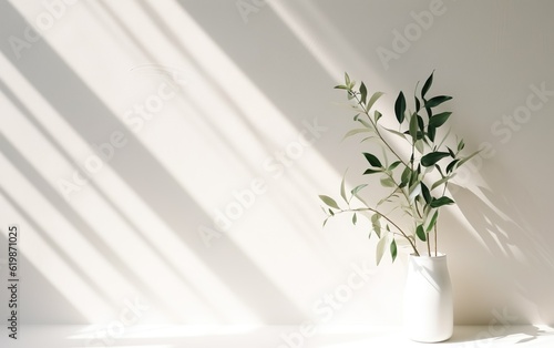 Green plant leaves in white ceramic vase on blurred white wall, sunlight and long shadow, Minimal abstract background for cosmetic, skincare, beauty product presentation display.