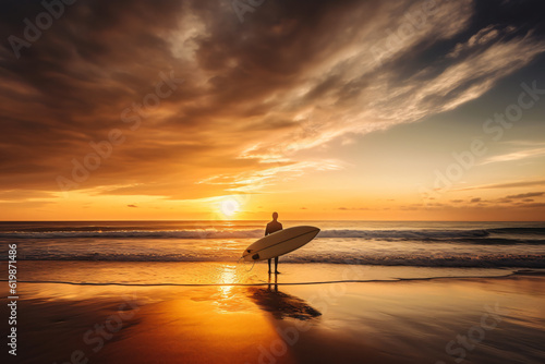 Photo surfer watching the sea holding surfboard in silhouette style. sunset and sunrise of the sea beach photography © yuniazizah