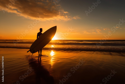 Photo surfer watching the sea holding surfboard in silhouette style. sunset and sunrise of the sea beach photography