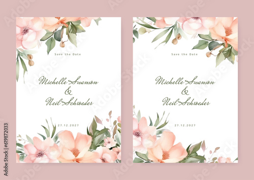 Floral wedding invitation card template design, gold watercolor decorated with magnolia lili floral flowers on white