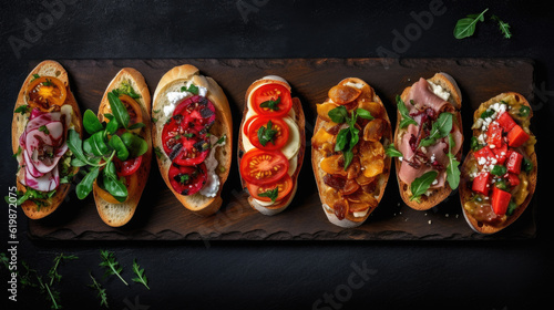 A mouthwatering arrangement of colorful bruschetta, featuring fresh tomatoes, basil leaves, and toasted bread slices. blackboard AI generated