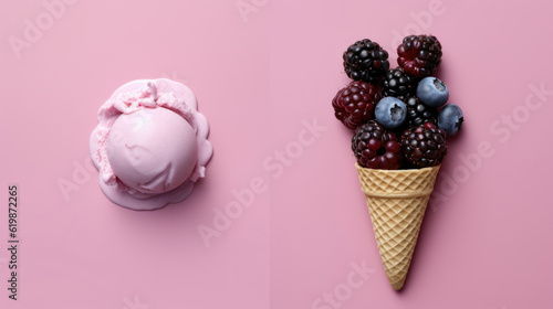A minimalist composition of a berry waffle ice cream, featuring a clean design aesthetic and the harmony between the juicy berries, crispy waffle cone, and creamy ice cream AI generated