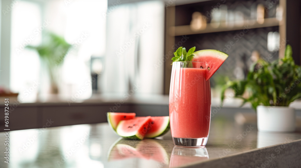 watermelon smoothie, garnished with fresh watermelon slices and mint leaves, capturing the vibrant colors and invigorating taste of this refreshing summer beverage. AI generated