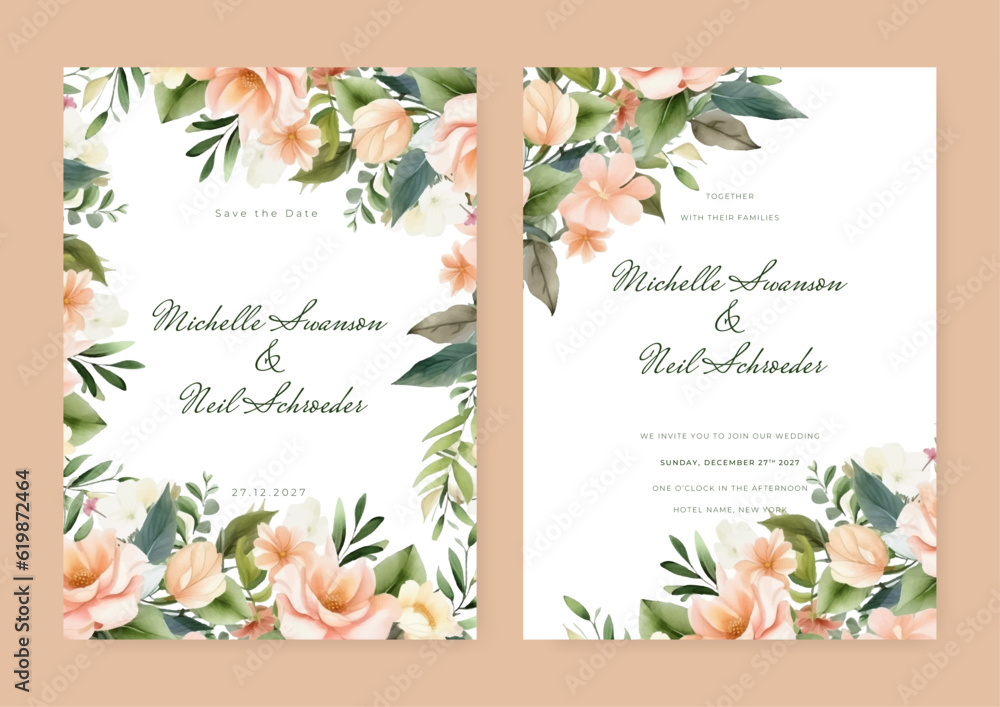 Fototapeta premium Gold rose floral flower elegant wedding invitation watercolor