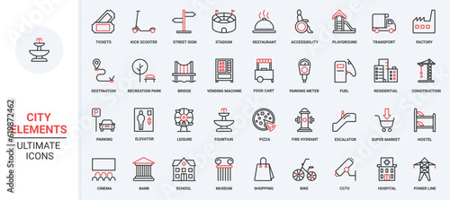 Public city building, infrastructure and facility trendy red black thin line icons set vector illustration. Skyscrapers, transport and commerce symbols in residential and recreation area, cityscape. photo