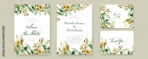 Luxury Watercolor wedding invitation template set with romantic floral and leaves decoration