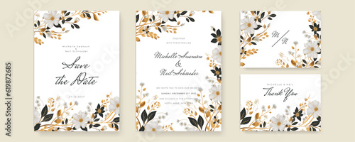 Floral wedding invitation card template design, gold watercolor decorated with magnolia lili floral flowers on white
