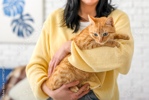 Woman with ginger cat at ho...
