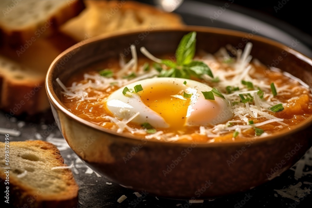 Zuppa Pavese, showcasing the rich broth and poached egg, garnished with crispy bread and grated Parmesan cheese Zuppa Pavese, showcasing the rich broth and poached egg, garnished with crispy bread and grated Parmesan cheese