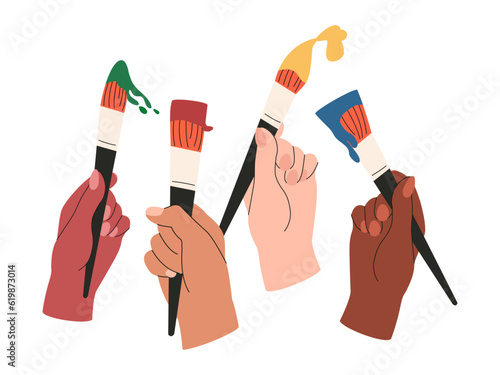 Diverse hands holding brushes with dripping paint. Artists, creativity, hobby concept. Vector illustration isolated on white background