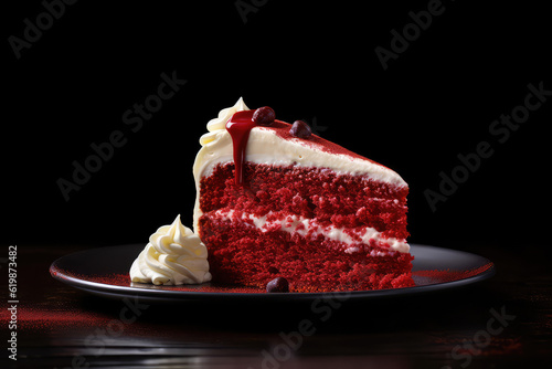 Triangular piece of red velvet cake with white vanilla cream filling isolated on black background. Slice of layered delicious classic cake. Generative AI photo. photo