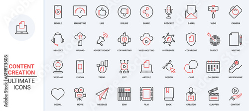 Content creation trendy red black thin line icons set vector illustration. Digital marketing, storytelling in social media, online patent for author and original text protection, creative blog design.