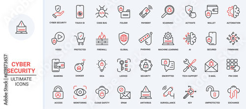 Secure information trendy red black thin line icons set vector illustration. Internet technology, protection from virus attack, malware, and access in network.