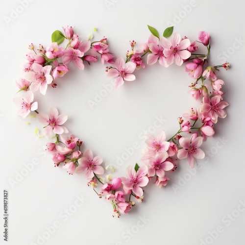 Heart of pink flowers on white background. Flat lay, top view, wedding Concept