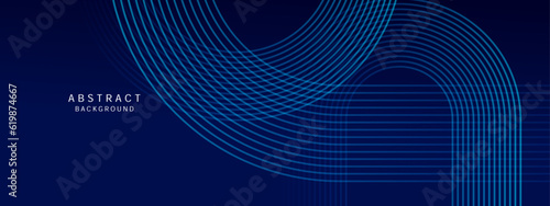 Abstract shiny geometric lines on blue background. Glowing blue diagonal rounded lines pattern. Modern banner template design with space for your text. Vector illustration