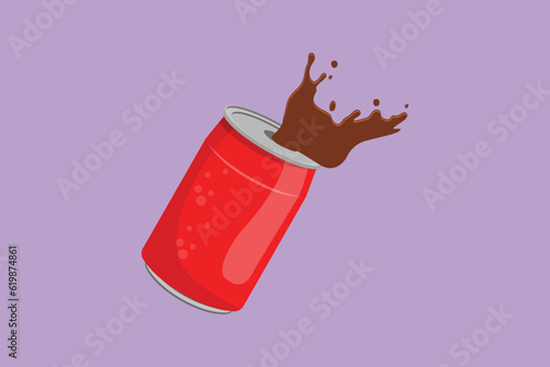 Cartoon flat style drawing cola splashing out of a aluminum can logo, symbol. Soda water splashing out of canned, fresh liquid or soda splash with fresh water drop. Graphic design vector illustration