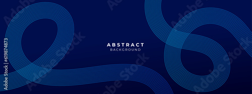Abstract shiny geometric lines on blue background. Glowing blue diagonal rounded lines pattern. Modern banner template design with space for your text. Vector illustration