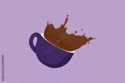 Cartoon flat style drawing coffee splashing out of cup. Cup of tea with tea and splashes. Splash of tea in the falling cup. Splash coffee in blue cup logo, symbol. Graphic design vector illustration