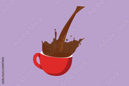 Graphic flat design drawing pouring cup of black coffee creating splash. Coffee spilling out of cup logo icon, label. Pour coffee into porcelain glass with steam cup. Cartoon style vector illustration