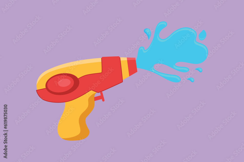 Cartoon flat style drawing of water gun for Songkran festival in Thailand. Logo for water festival with gun and water drops. Plastic summer toys for children symbol. Graphic design vector illustration Cartoon flat style drawing of water gun for Songkran festival in Thailand. Logo for water festival with gun and water drops. Plastic summer toys for children symbol. Graphic design vector illustration