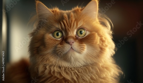 Portrait of a funny beautiful red fluffy cat with gree.Generative AI © sudipdesign