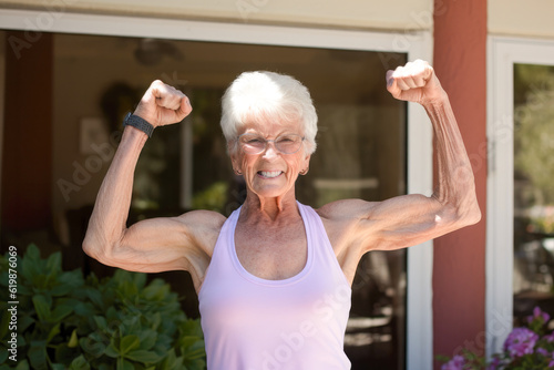 Portrait of a fit senior female citizen, displaying strength and an active lifestyle. Generative AI