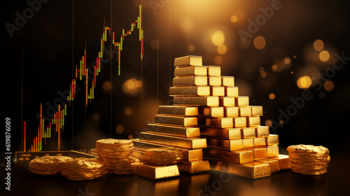 金粒子の背景に金の延べ棒スタックと投資株式グラフ ビジネス コンセプト、成長金融為替チャート コイン宝GenerativeAI