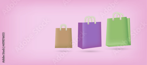 3D Paper bags on ping background. Online shopping concept. 3d render illustration