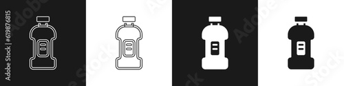 Set Plastic bottle for laundry detergent, bleach, dishwashing liquid or another cleaning agent icon isolated on black and white background. Vector