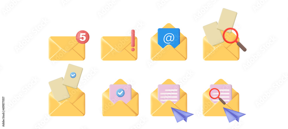 3d open mail envelope icon set with marker new message isolated on ...