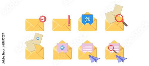 3d open mail envelope icon set with marker new message isolated on white background. Render email notification with letters, check mark, paper plane and magnifying glass icons. 3d realistic vector