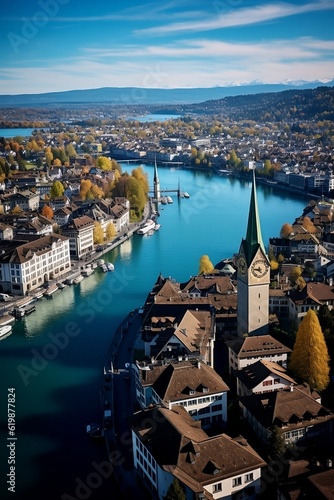 Glorious Sunlit Zurich Lake Zurich, Old Town, and the Magnificent Grossmünster - Awe-Inspiring Imagery! Created using generative AI